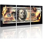 Money Wall Art 3 Panels 100 Dollar Bill Pictures Canvas Prints Art Modern Burning Dollar Posters Wall Decor Artwork Study Room Classroom Office Decor Framed Ready to Hang - 12'' W x 16''H x 3pcs