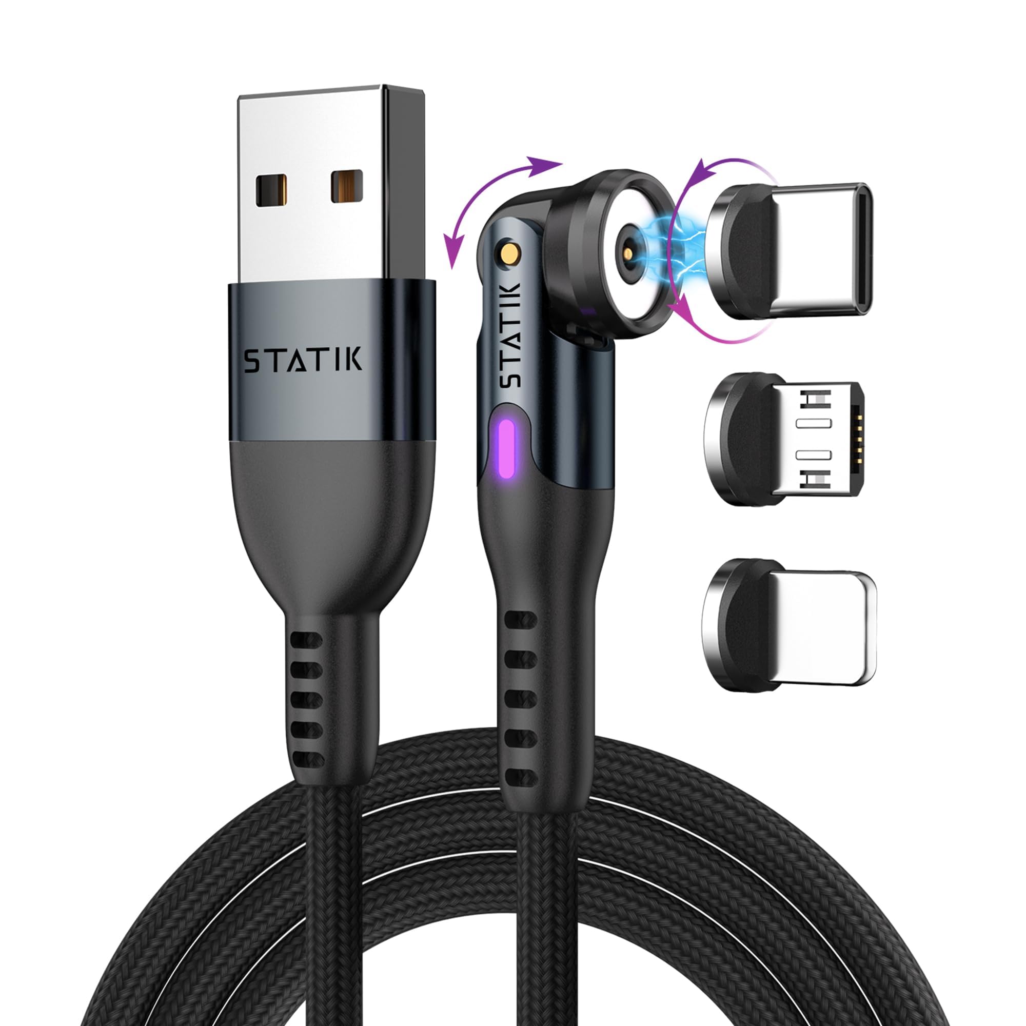 Photo 1 of STATIK 360 Magnetic Charging Cable - Type C Charger 3 in 1 USB C to USB C Cable, Micro USB & iProduct Tips, USB A Adapter, Phone Charger Cord, Compatible with All Devices - Black 3FT/1M