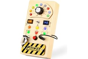 Joyreal Toddler Busy Board, Wooden Montessori Busy Board Sensory Board with LED Light Switch, Sensory Toys Baby Fidget Board Travel Toys for Toddler