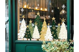 Whaline 9 Sheets Christmas Window Clings Window Decals White Green Gold Xmas Tree Snowflake Reusable Anti-Collision Windows Decor for Winter Home Glass Mirror Decor