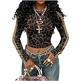 GORGLITTER Women's Leopard Print Crop Y2k Tops Fitted Cheetah Long Sleeve Striped Side Shirt Streetwear Going Out Outfits