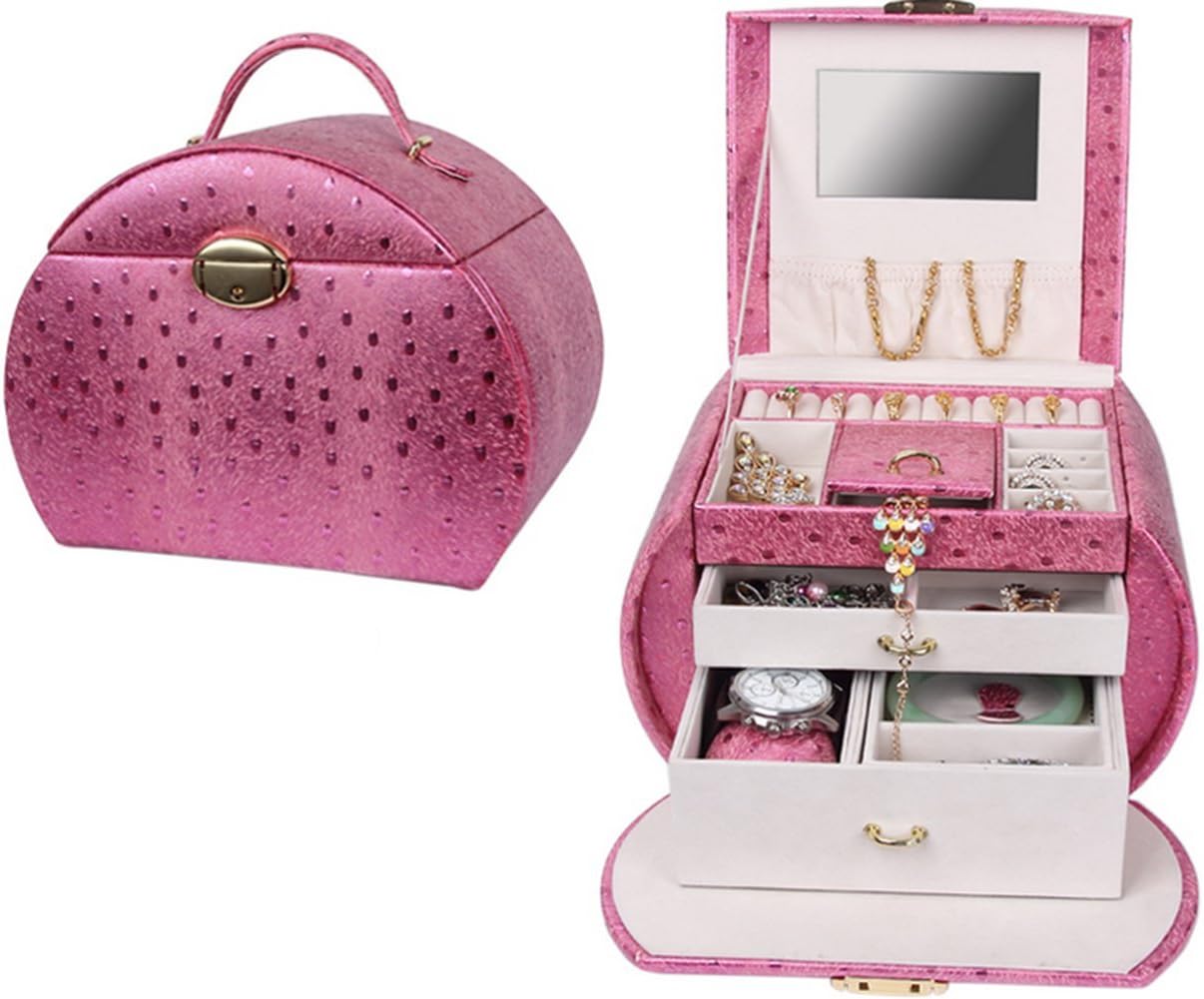 Mlianby Women's Pu Leather Semielliptic Cosmetic Jewelry Storage Box Jewelry Case Organizer Pink Ostrich