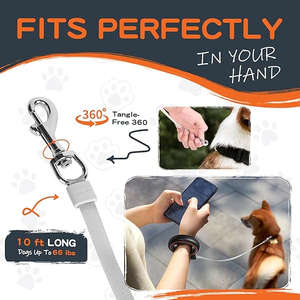 MOESTAR UFO RETRACTABLE DOG LEASH HANDS FREE WEARABLE WITH POOP BAG HOLDER ONE-HANDED BRAKE PAUSE LOCK 360° TANGLE FREE 10FT DOG LEASH FOR UP TO 66LBS MEDIUM SMALL DOGS (BLACK/ORANGE)
