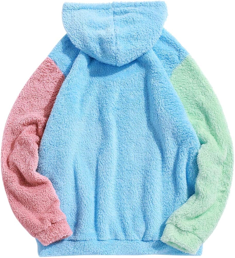 ZAFUL Color Blocking Fuzzy Hoodie Unisex Men Sherpa Pullover Loose Fluffy Sweatshirt at  Men’s Clothing store