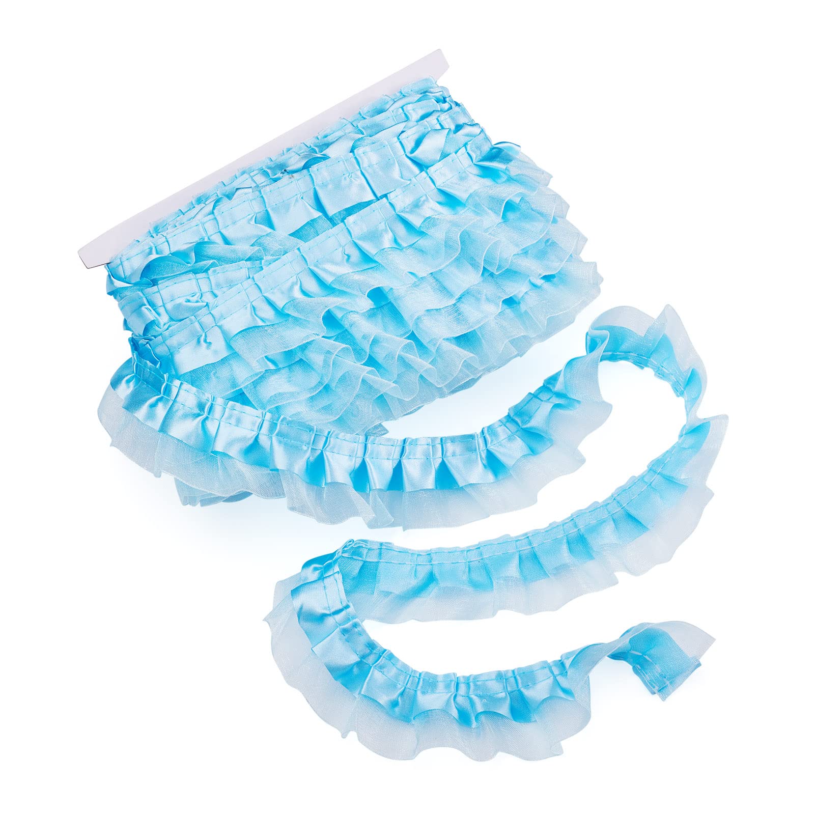 PandaHall 21.8 Yards Satin Organza Lace Edge Trim 2-Layer Gathered Ruffle Chiffon Ribbon 1-5/8 Inch Deep Sky Blue Pleated Edging Trimmings Fabric for Cloth Sewing Wedding Party Decor