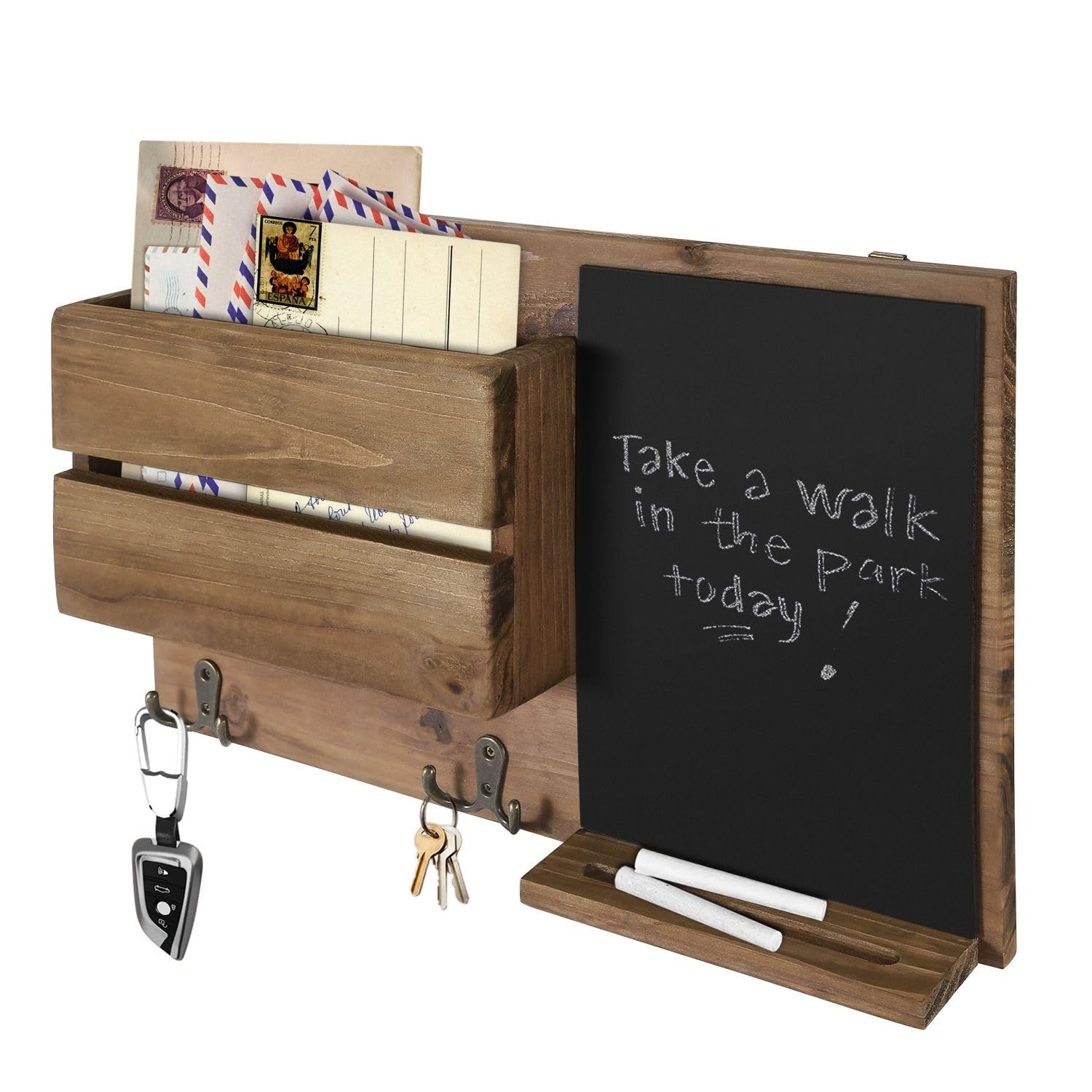 Flexzion Rustic Wood Entryway Mail Sorter Holder, Wall Mount Mudroom Storage Organizer with Blackboard Chalkboard Memo Board Message Sign & Key Hook Rack/f Front Door Furniture Accessory Home Office