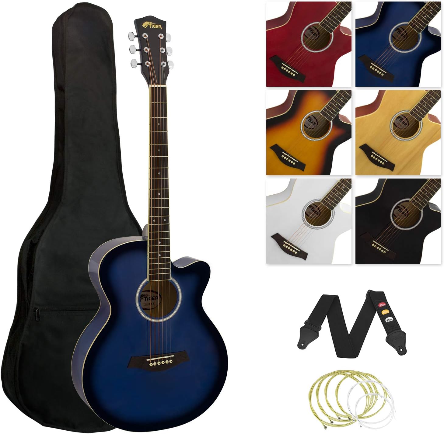 TIGER ACG3-BL Full Size Acoustic Guitar Package, Beginners Guitar Pack with Gig Bag, Strap and Spare Strings, Blue