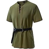 JEMITOP Men's Pure Cotton Retro Short Sleeves Lace Up Shirts for Casual Renaissance Pirate Medieval Viking Without Belt