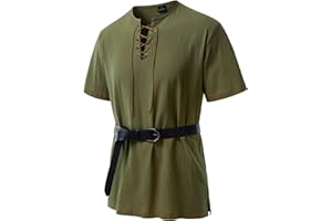 JEMITOP Men's Pure Cotton Retro Short Sleeves Lace Up Shirts for Casual Renaissance Pirate Medieval Viking Without Belt