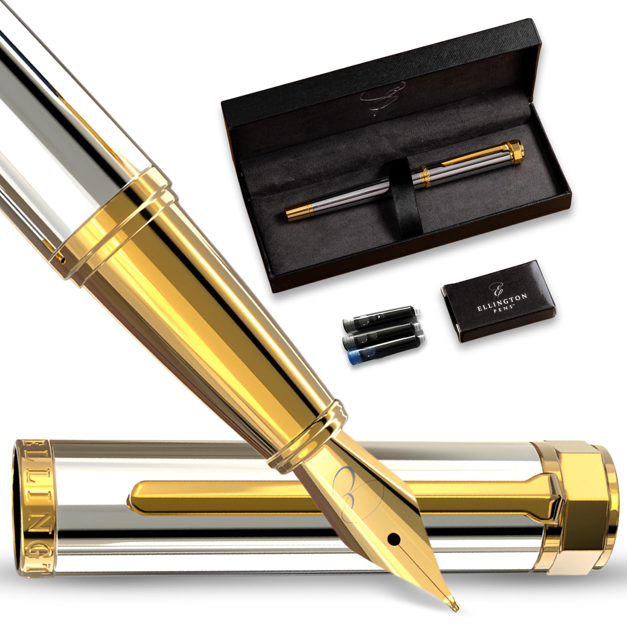 Ellington Pens Luxury Fountain Pen Set- Fountain Pens for Writing - Smooth Nib - Includes Refillable Ink Converter, 3 Ink Cartridges [2 Black & 1 Blue], Gift Box - Elegant Calligraphy