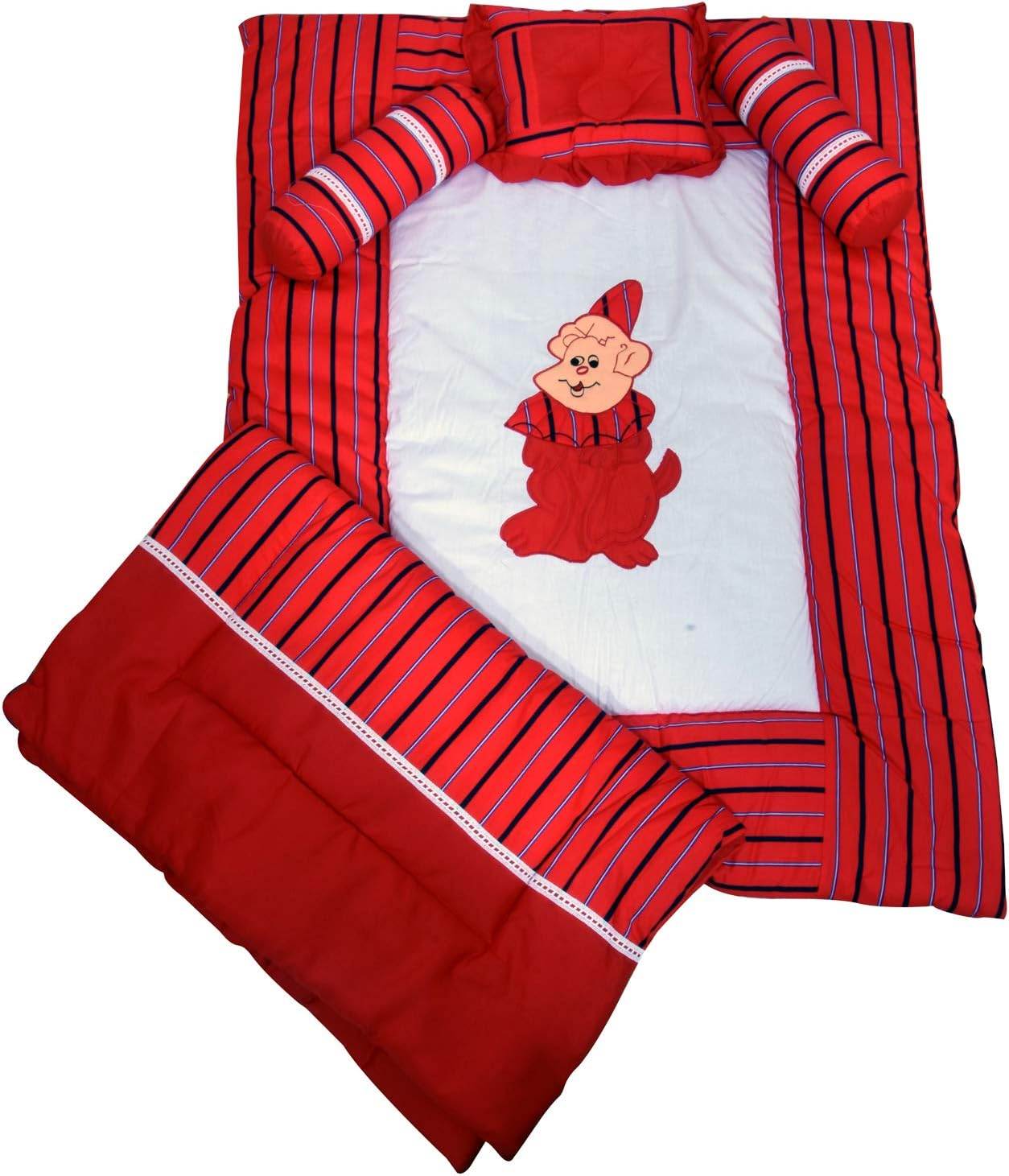 Bachha New Born Baby Bedding Set with 2 Round Bolster, 1 Pillow, 1 Mattress and 1 Quilt (Red and White Lines)