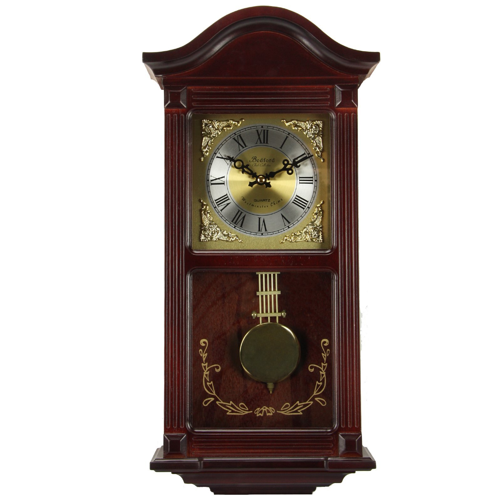 ( See description) Bedford Clock Collection Mahogany Wall Clock with Pendulum and Chimes, Cherry Wood