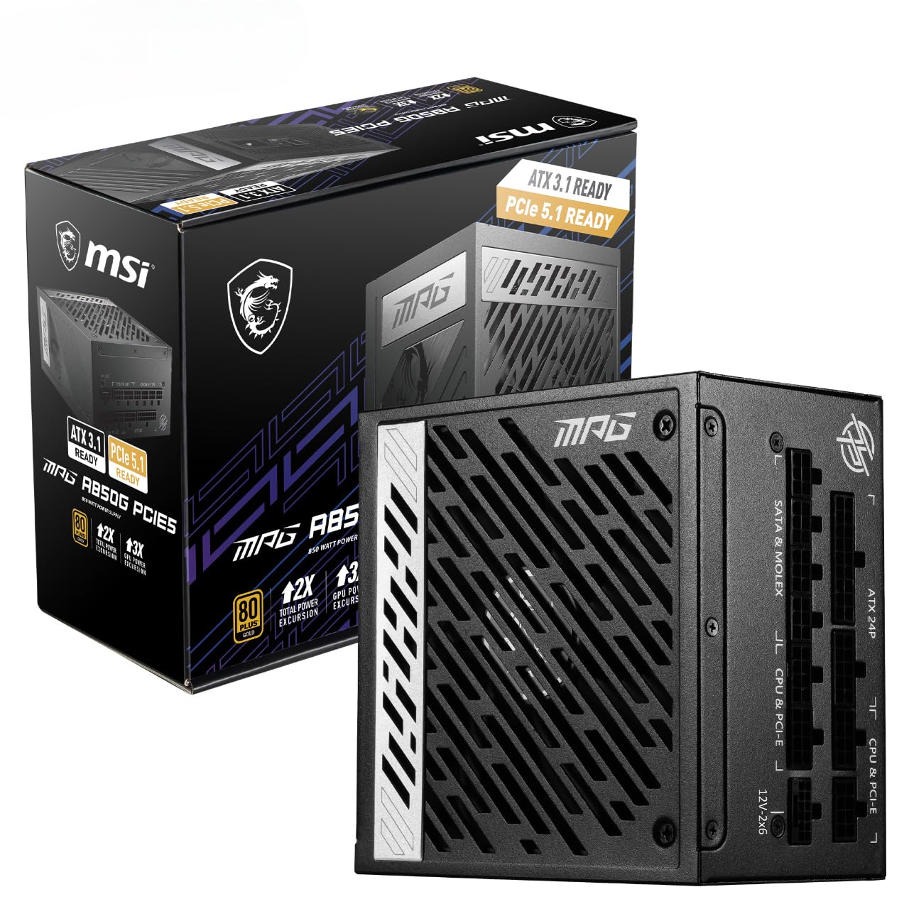 Msi Mpg A850G Pcie5 Power Supply Unit, Uk Plug - 850W, 80 Plus Gold Certified, Fully Modular Atx 3.0, Pcie 5.0 Gpu Support, Japanese 105°C Capacitors, 0% Rpm Mode, Flat Cables - 10 Year Warranty