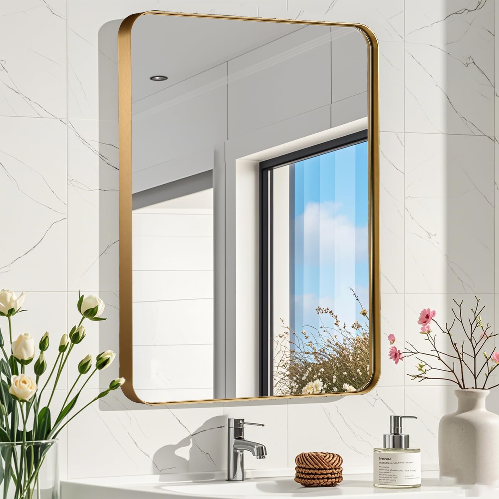 Photo 1 of CLBA Brushed Gold Mirror 22x30 inch, Gold Deep Frame Bathroom Mirror for Wall, Rounded Rectangle Mirror for Vanity, Tempered Glass, Anti-Rust, Hangs Horizontally or Vertically