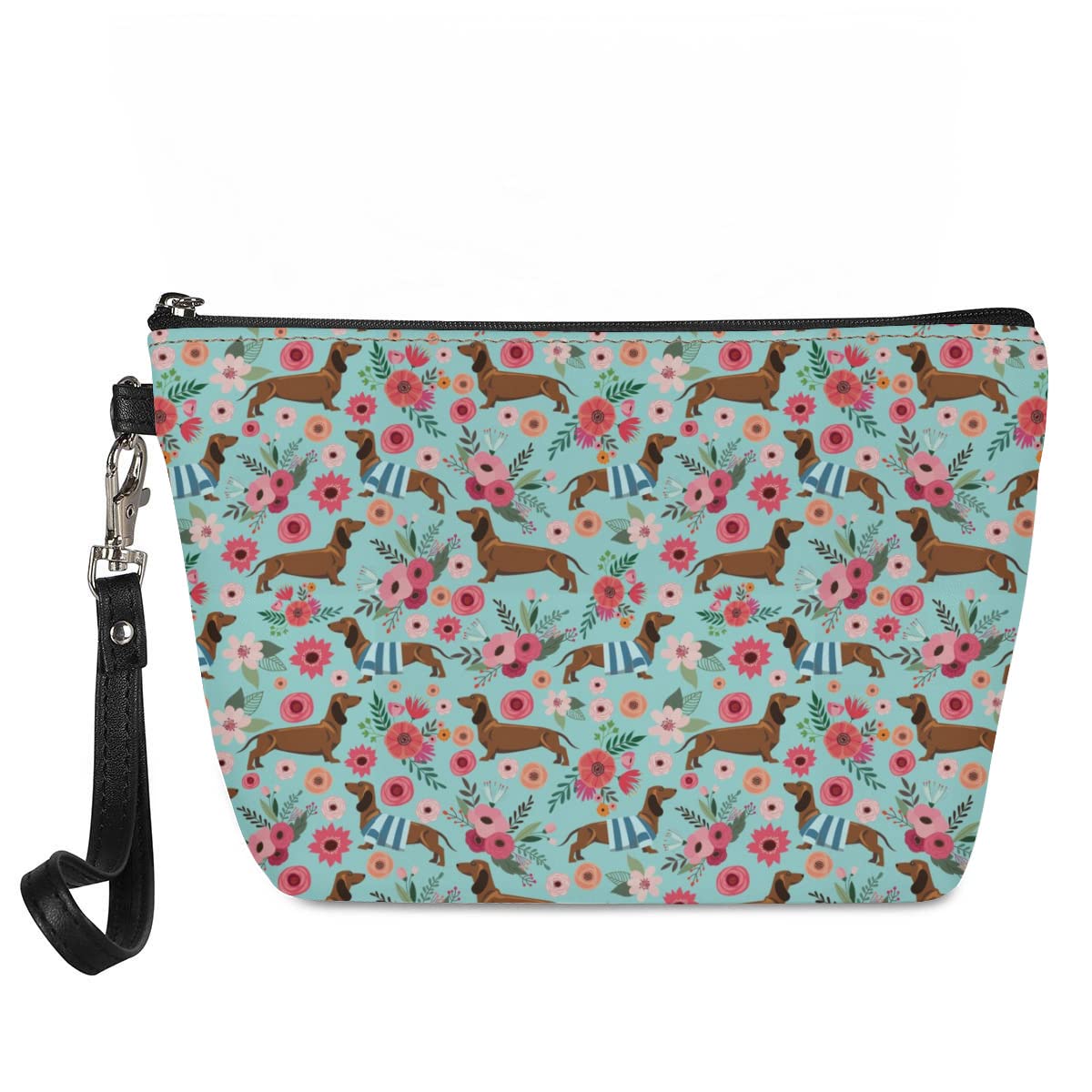 Jeiento Makeup Bag Travel Cosmetic Bags for Women with Zipper Pu Toiletry Storage Bag Soft Handy Waterproof Travel Toiletry Pouch Floral Dog Dachshund Print