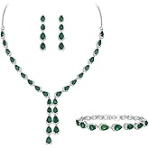 Crysdue Teardrop Wedding Jewelry Set for Brides Bridesmaid, Cubic Zirconia Gorgeous Y Shape Necklace Bracelet Dangle Earrings Set for Wedding Party Prom