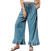TARSE Women’s Linen Casual Pants Flared Leg Wide Leg Drawstring Ruffle Harem Palazzo Pants with Pockets