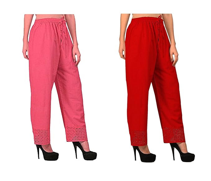 Women's Cotton Palazzo Designer Plain Casual Wear Palazzo for Women/Girl Combo Cotton Palazzo Color-Peach_ RED