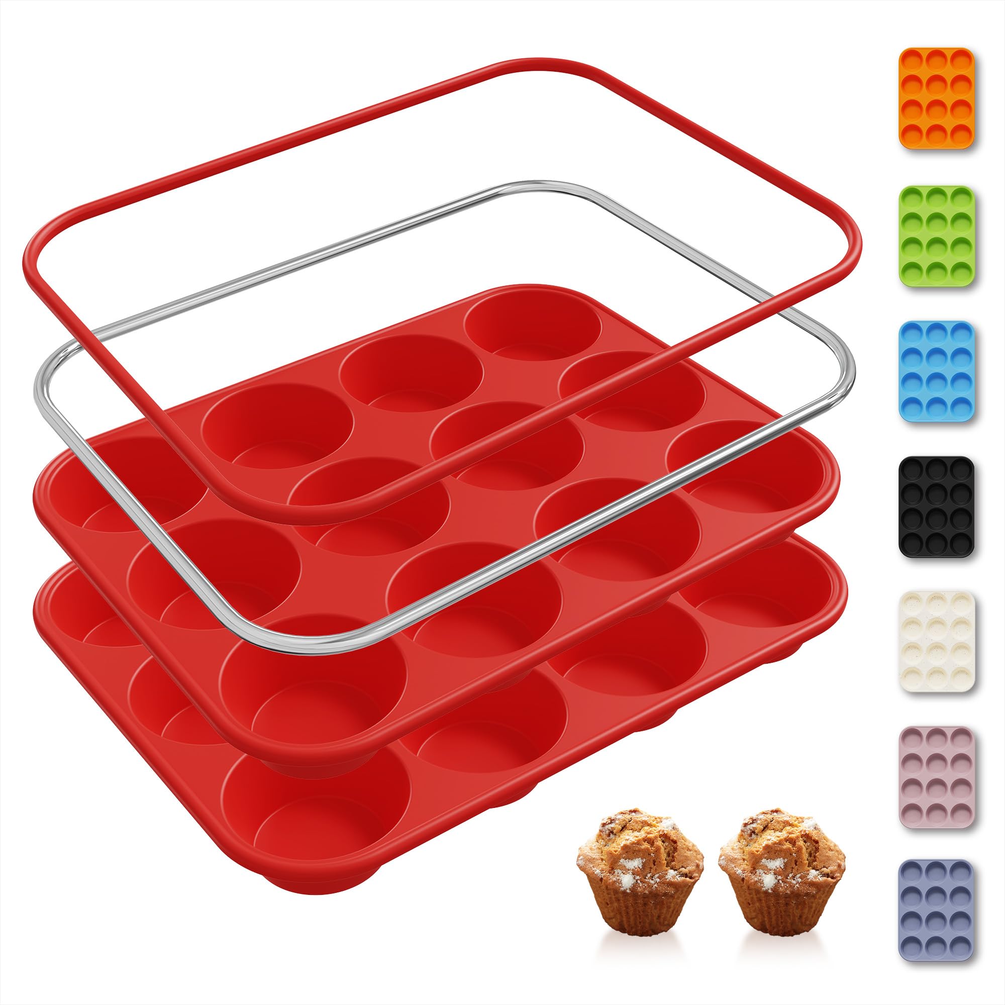 Photo 1 of 2 Pack 12 Cups Silicone Muffin Pan with Metal Reinforced Frame Regular Size Silicone Molds Cupcake Cake Baking Pans Cookie Baking Chocoflan Cupcake Mold Nonstick Muffin Tin Home Baking Supplies