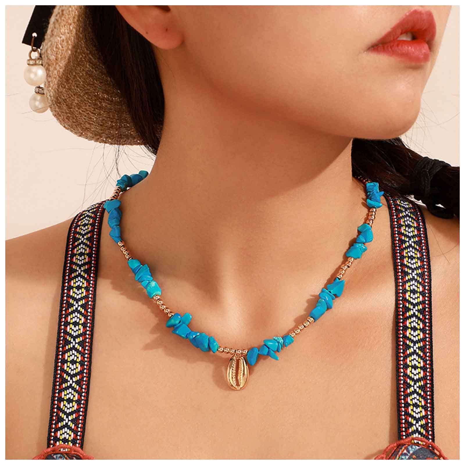 Cimenexe Bohemian Turquoise Bead Choker Necklace Cowrie Shell Pendant Necklace Blue Turquoise Necklace Choker Gold Shell hort Irregular Turquoise Stone Necklace Chain Jewelry for Women and Girls