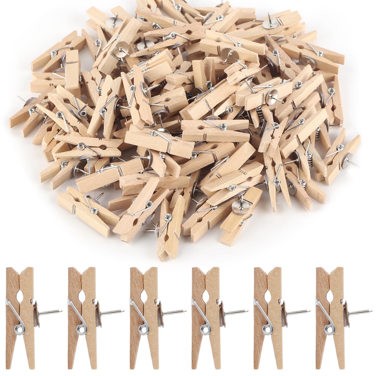 Pack of 100 Wooden Pegs with Pins, Natural Wooden Push Pins Clips, Drawing Pins with Wooden Clips, Push Pins Wooden Thumbtacks Set for Notice Board, Cork Boards, Crafts, Art Projects, Photo Supplies