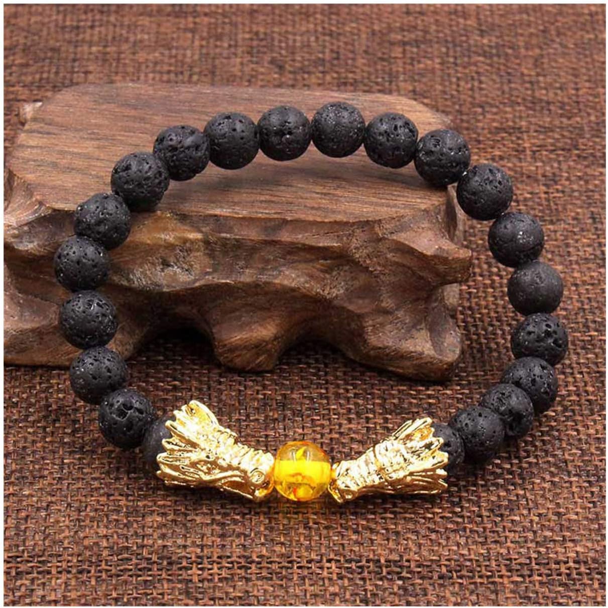 Awertaweyt Gemstone Beaded Bracelet, Natural Black Lava & White Howlite Stone Beads Bracelet Pulseira Masculina Mens Jewelry Buddha Dragon Bead Bracelet for Women ZJ2016Black Size M 18-19cm