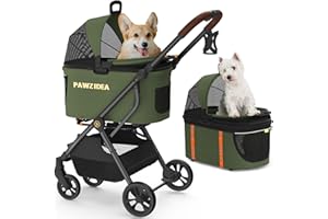 PAWZIDEA Pet Stroller 4 in 1, Dog Strollers with Detachable Carrier No-Zip Canopy, Portable Pet Crate for Car Seat Travel, Foldable & Lightweight Jogger for Small/Medium Dogs and Cats, Storage Basket