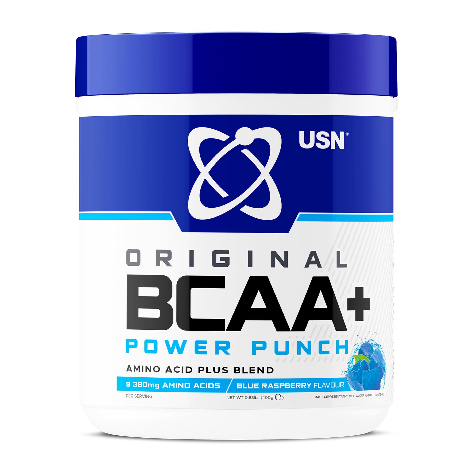 USN Power Punch BCAA Amino Acids Powder, Blue Raspberry Flavour - 400g, Vegan BCAA Powder, Vitamin B6 & No Sugar, Pre Workout & Intra Workout Energy Drink & Dietary Supplement to Maximise Performance