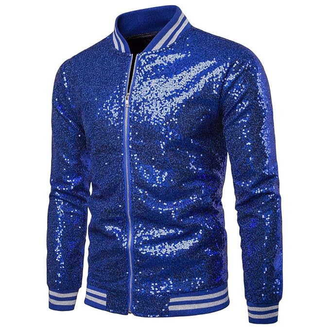 Mens Sparkle Sequin Bomber Jacket Costume Zipper Long Sleeve Casual