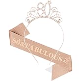 Casoty Rose Gold 80th Birthday Sash and Tiara for Women, 80th Birthday Decorations for Women, 80 and Fabulous Sash and Crown Set, Womens 80th Birthday Gifts