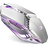 TENMOS T12 Wireless Gaming Mouse, Silent Rechargeable Computer Mice-Silver | 2.4GHz Optical, 7 Color LED Lights, Quiet Click,Side Buttons,3 Adjustable DPI,Ergonomic Design, Nano Receiver,USB C Charging