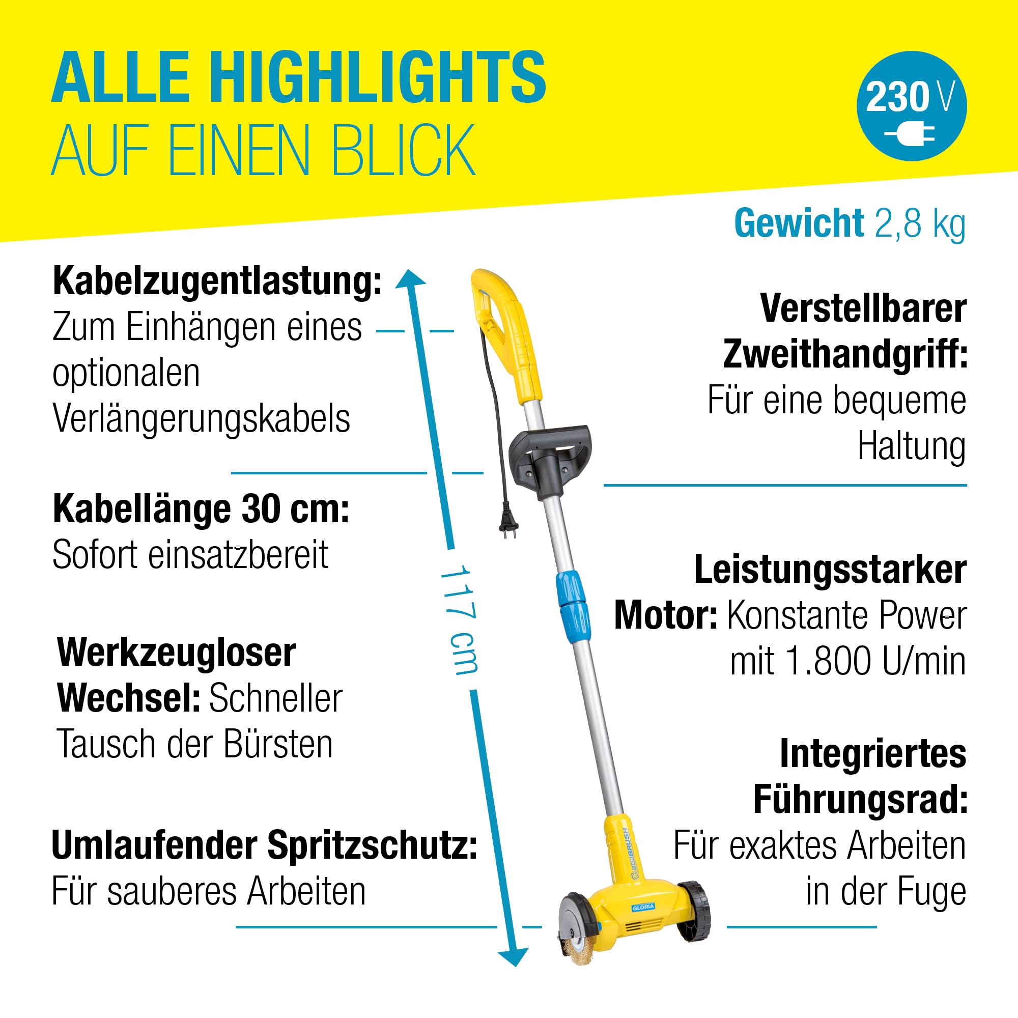GLORIA Fugenbürste WeedBrush | Elektrischer Unkrautvernichter & Fugenreiniger | Fugenkratzer für Pflasterfugen, Terrassenplatten & Wege | Kabelgebundene Unkrautbürste 230V inkl. Stahldraht-Bürste 5