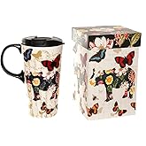 Topadorn 17oz Ceramic Travel Coffee Mug with Sealed Lid & Color Box, Microwave & Dishwasher Safe, Holiday Gift Her Him, Flower & Butterfly