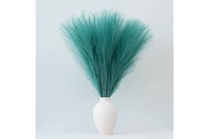 EVODIS Pampas Grass Decor, Fluffy Faux Pampas Grass 6 Stem 18"/45cm Pompous Grass Small Flower Arrangement and Vase Filler for Boho Home Wedding Decoration (Lake-Green)