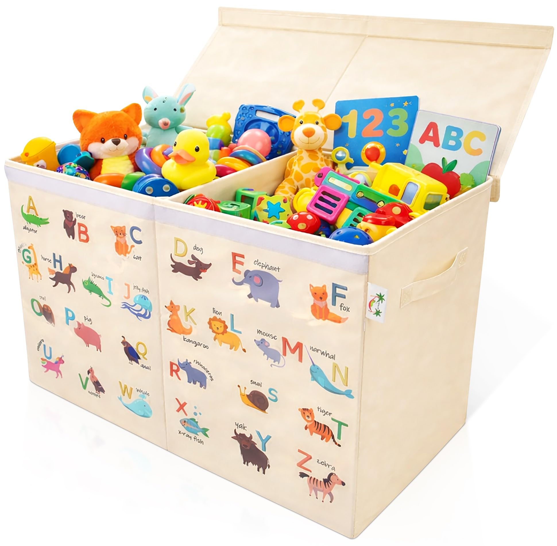 Ezylivin Large Toy Storage Box with Lid - Sturdy, Foldable, Space Saving Chest for Kids and Baby Games, Toys, Clothes, Bedding. Collapsible Toy Box for Boys & Girls (Animal Alphabet)