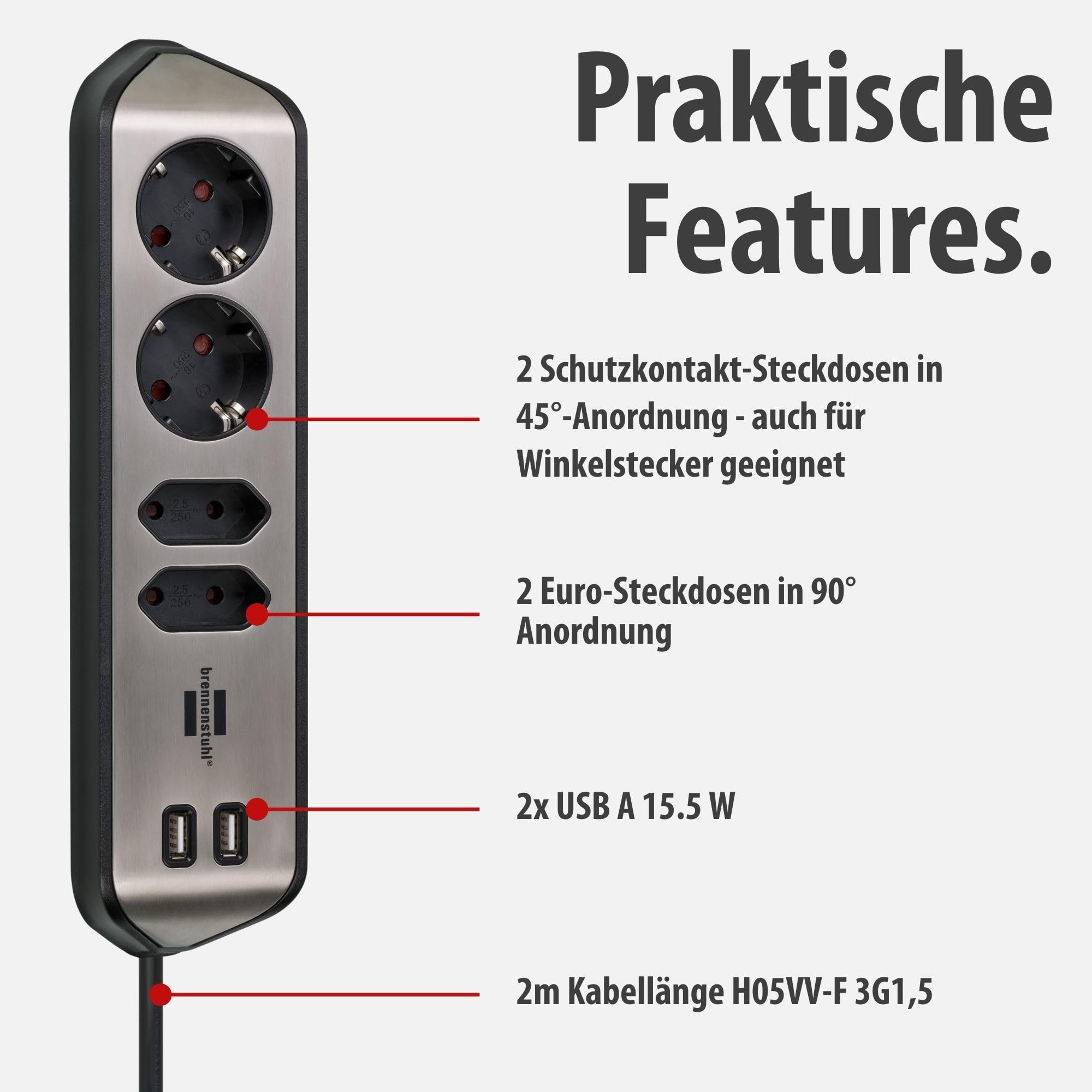 Brennenstuhl Estilo Ecksteckdosenleiste 4-Fach (Tischsteckdose mit Edelstahloberfläche für Küche und Büro, mit 2X Schutzkontakt-Steckdosen, 2X Euro-Steckdosen, inkl. USB-Ladefunktion) Silber/schwarz 3