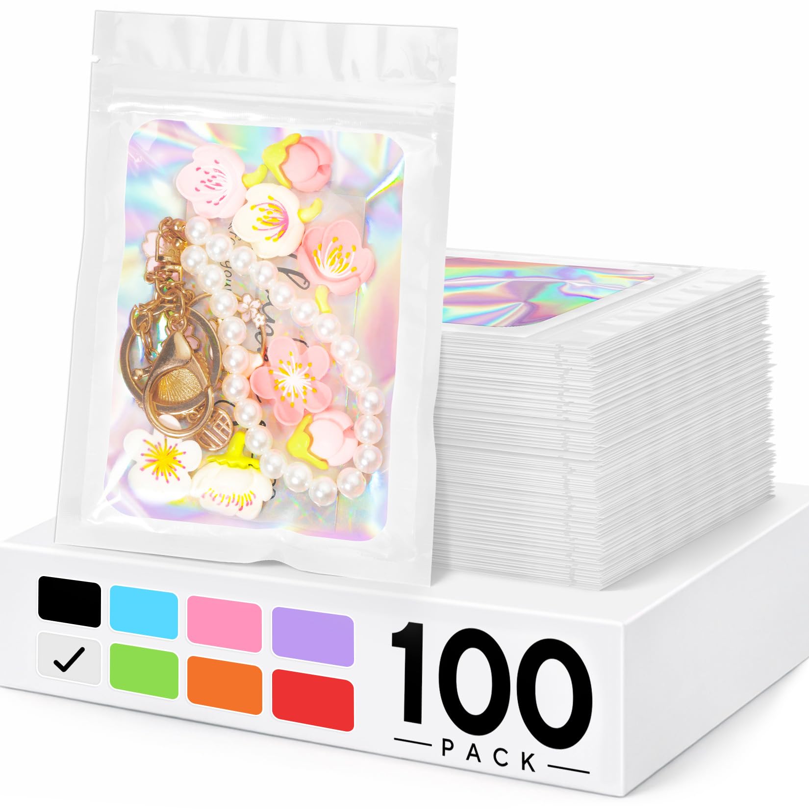 Photo 1 of 100 Pack Holographic Bags, Smell Proof Packaging Bag, Clear Window Resealable Odor Foil Pouch Mylar Bags for Food Storage and Lipgloss, Jewelry Lash (White, 2.4 x 3.9 Inch)