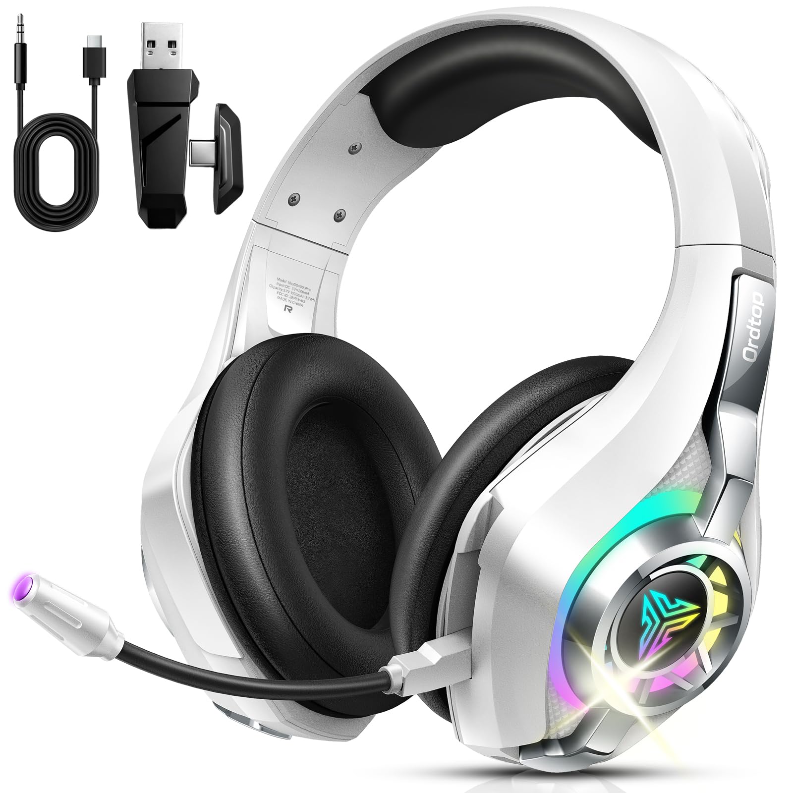 Ordtop 2.4GHz Wireless Gaming Headsets for PS5/PS4/Switch, 2026 RGB Noise Cancelling Headphones with Mics, 7.1 Surround Sound, 40mm Drivers, 276g Ultraligero, Memory Foam, 45H Gaming Headphones
