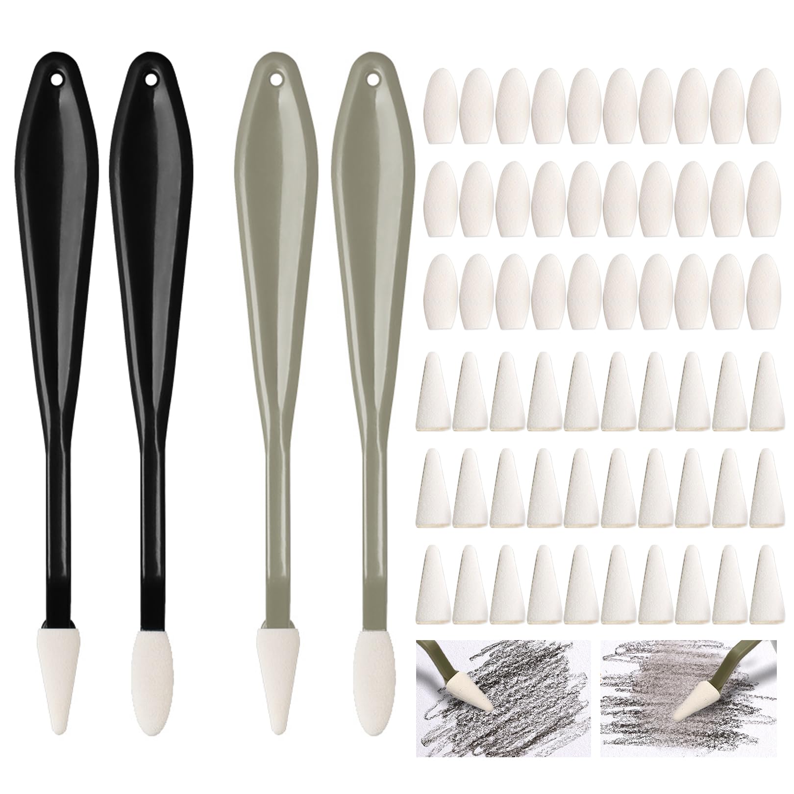 4 Pcs Sketch Wiper with 60PCS Sponge Heads,Sponge Blending Stumps for Drawing,Washable Blending Sticks for Art,Art Blenders Set,Trimmer Erase Sponge for Student Artists Sketch Detail Painting