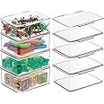 mDesign Plastic Playroom and Gaming Storage Organizer Box Containers with Hinged Lid for Shelves or Cubbies, Holds Small Toys, Building Blocks, Puzzles, Markers, Controllers, or Crayons, 8 Pack, Clear