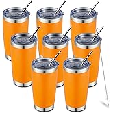 COMOOO 20oz 8 Pack Tumbler Double Wall Vacuum Insulated Coffee Travel Mug Stainless Steel Tumbler Bulk with Lid and Straw Insulated Coffee Cup for Cold & Hot Drinks (Orange, 8 Pack)