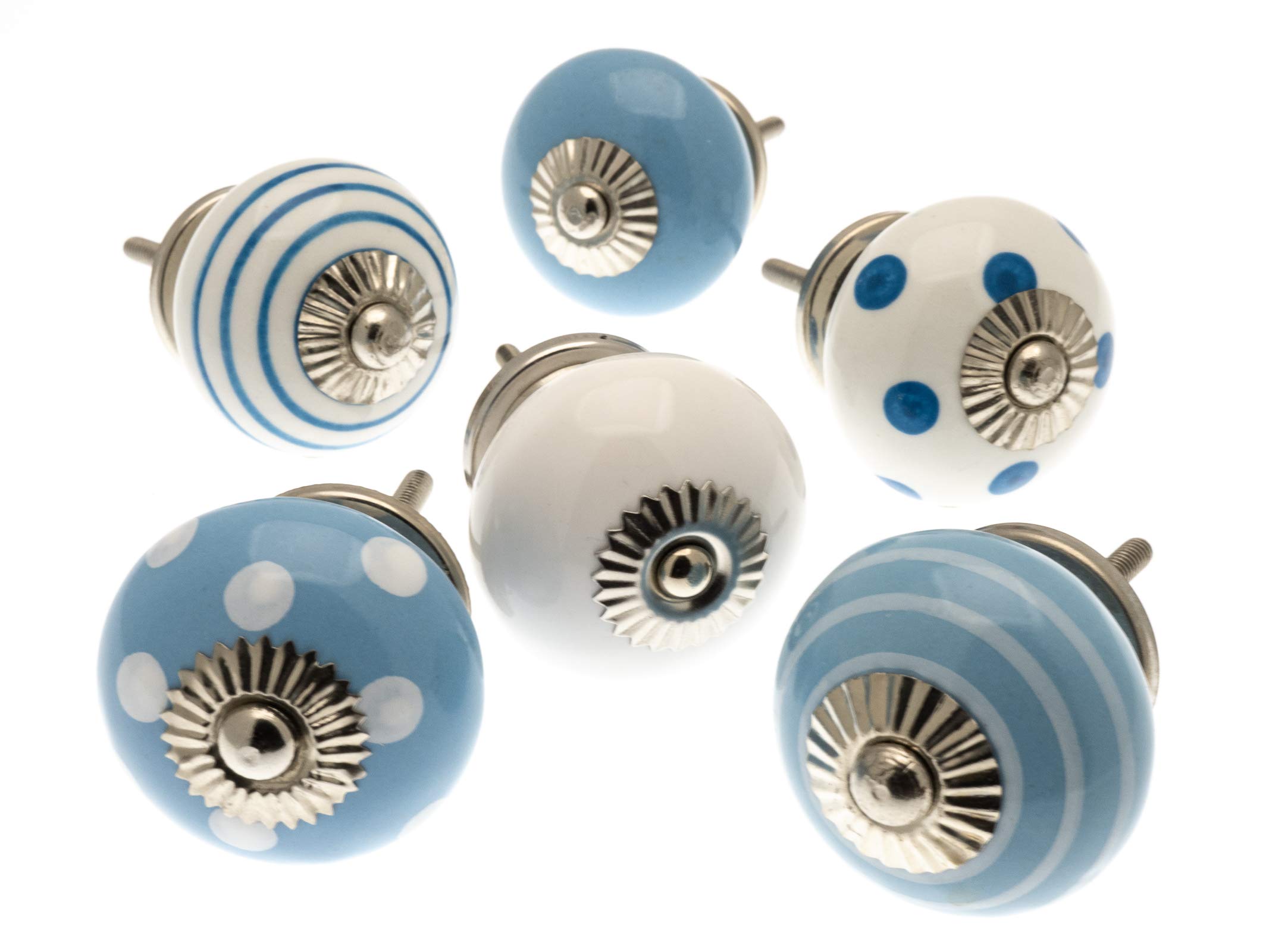 Mango Tree Cupboard Knobs - Decorative Blue and White with Dots, Spots and Stripes Ceramic Door and Drawer Handles – Vintage Home Décor Set of 6