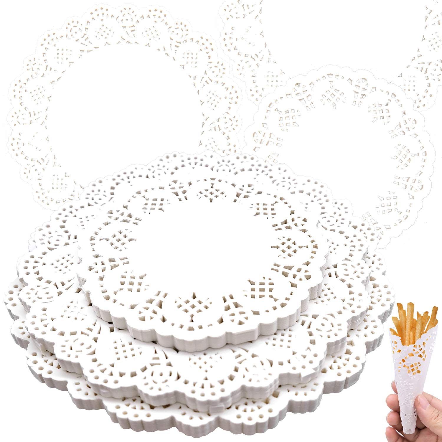 Cisolen 450 pcs Lace Paper Doilies Round Cake Doilies Wedding Birthday Table Decoration Elegant (3 Size),White,11.3cm, 16.2cm, 18cm