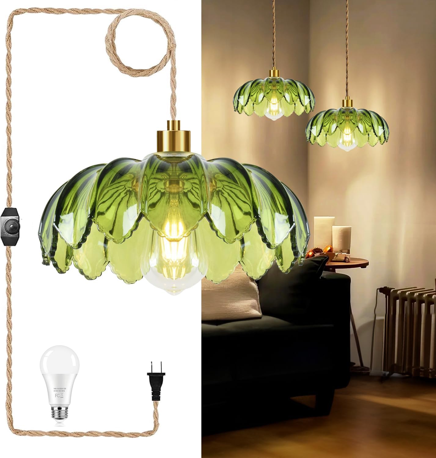 Photo 1 of QIYIZM Plug in Pendant Light Hanging Lights with Plug in Cord Boho Hanging Lamp Glass Gold Mid Century Modern Vintage Dimmable Green Flower Plug in Chandelier Ceiling Fixture for Living Room,Kitchen