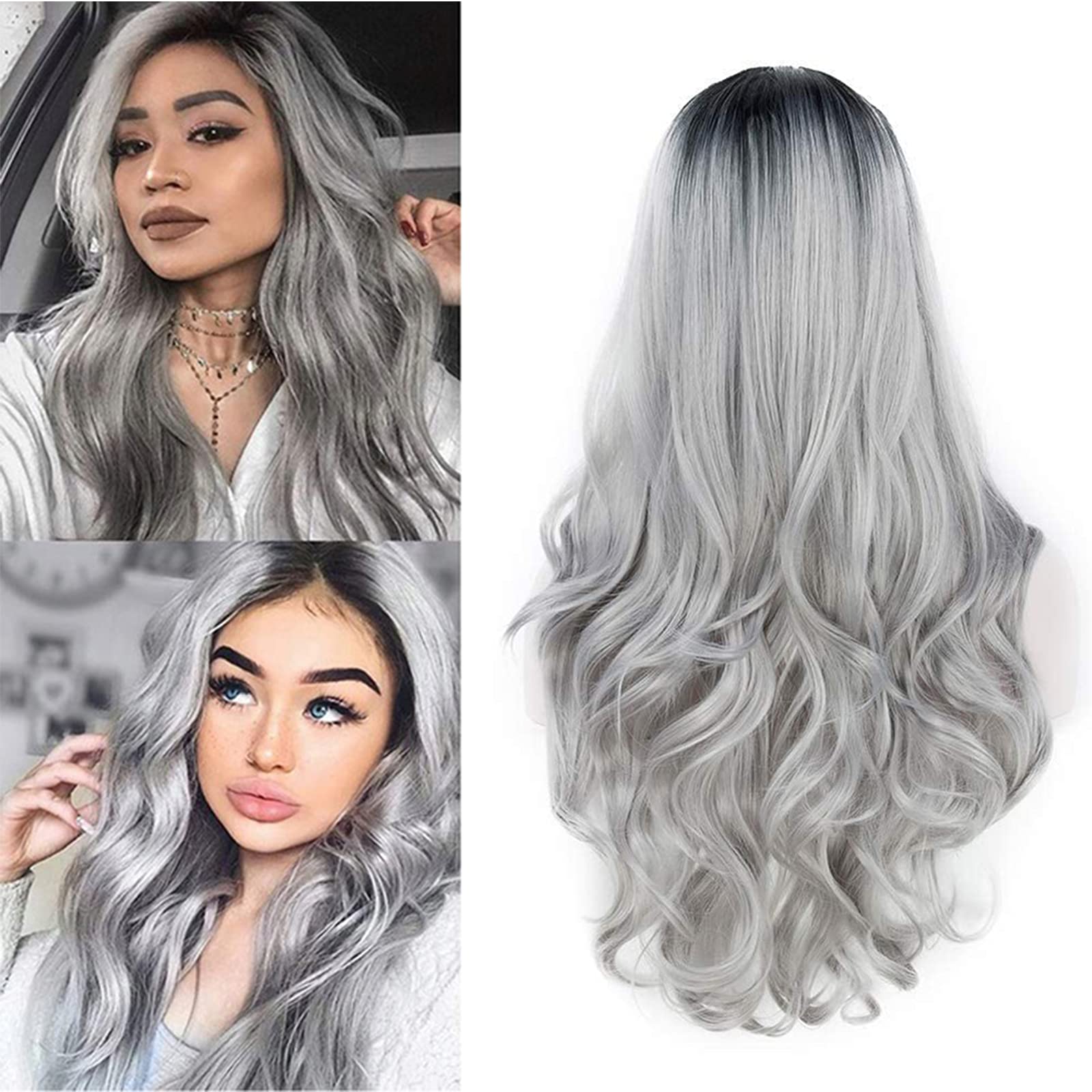 Long Wavy Gray Wig for Women Natural No Bangs Heat Resistant Synthetic Hair Wigs for Women Silker Long Curly Wave Cosplay Wig Costume Replacement Wig