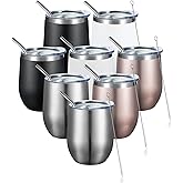 COMOOO Stainless Steel Wine Tumbler with Lid and Straw 12oz Double Wall Vacuum Insulated Travel Tumbler Cup for Coffee, Wine, Cocktails, Champagne (Black White Silver and Rose Gold,8 Pack)