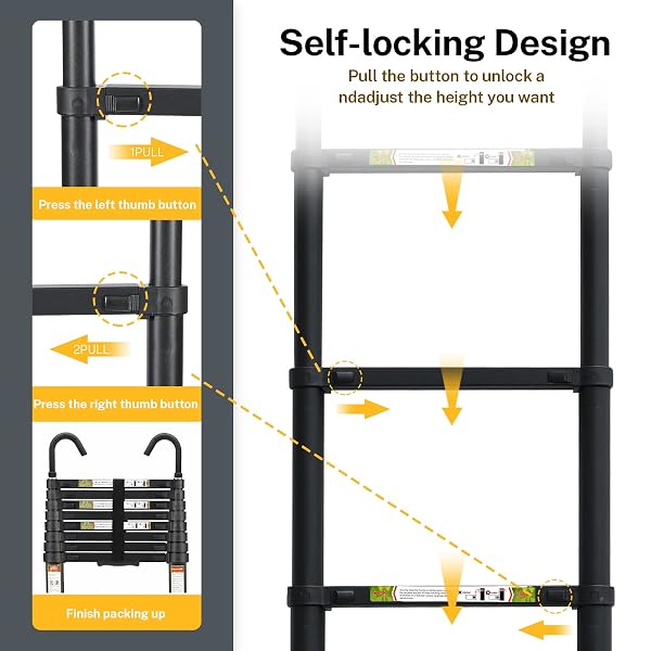 RIKADE TELESCOPIC LADDER, 8.5FT ALUMINUM TELESCOPING LADDER WITH NON-SLIP FEET AND STABLE HOOK, PORTABLE EXTENSION LADDER FOR HOUSEHOLD AND OUTDOOR WORKING, MAX LOAD 330LBS, BLACK