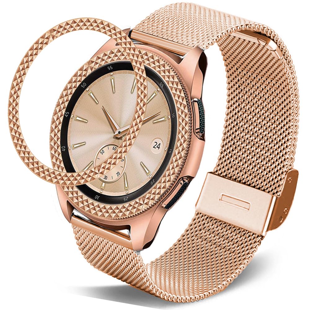 DEALELE Strap Compatible with Samsung Gear Sport/Galaxy Watch 42mm / Galaxy Watch 4 Classic (42mm), 20mm Stainless Steel Mesh Band with Rhombus Texture Bezel Ring Replacement for Women Men, Rosegold