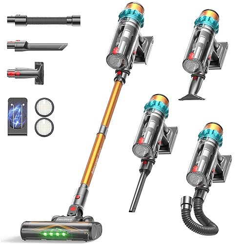 ElecKeys Cordless Vacuum Cleaner, 600W 50KPA 70Mins Self-Standing Vacuum Cleaners for Home, Stick Vacuum with Touch Screen, Anti-Tangled Vacuum Cordless for Pet Hair, Floors, Carpets, Gold