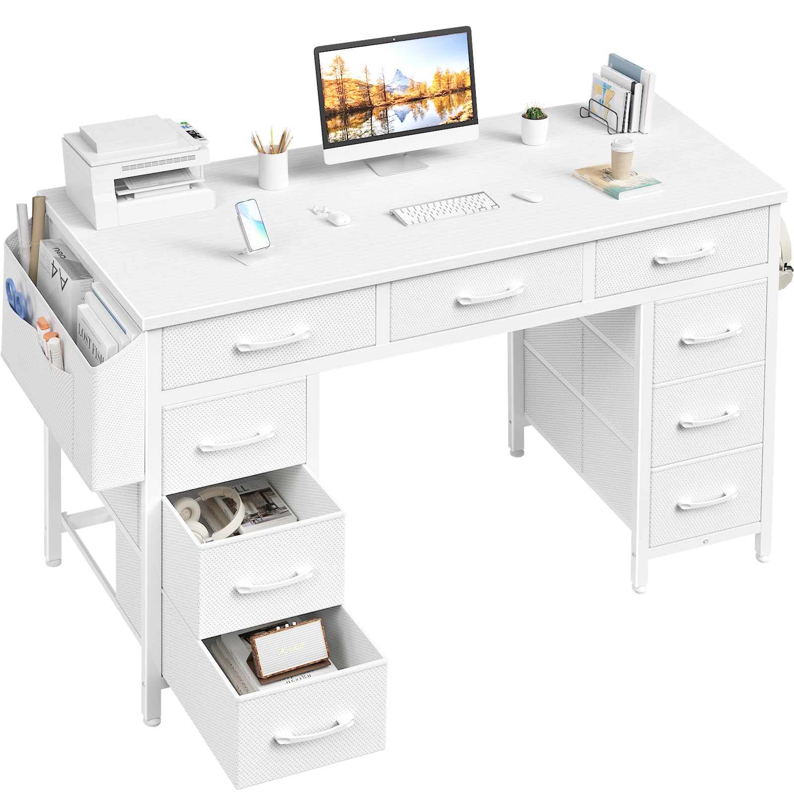 Photo 1 of ** MANUAL INCLUDED** Lufeiya 47 Inch Computer Desk with 9 Drawers, Office Desk Work Desk for Home Office, Study, Writing, Vanity Desk with Fabric Drawers on Both Sides, Large Storage, White